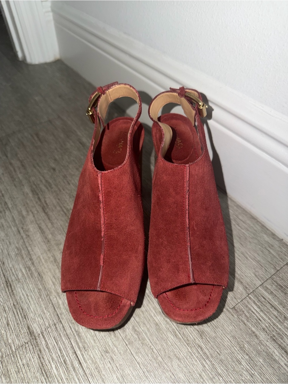Michael kors Piper Suede Open-Toe Slingback Heels in Rust Red